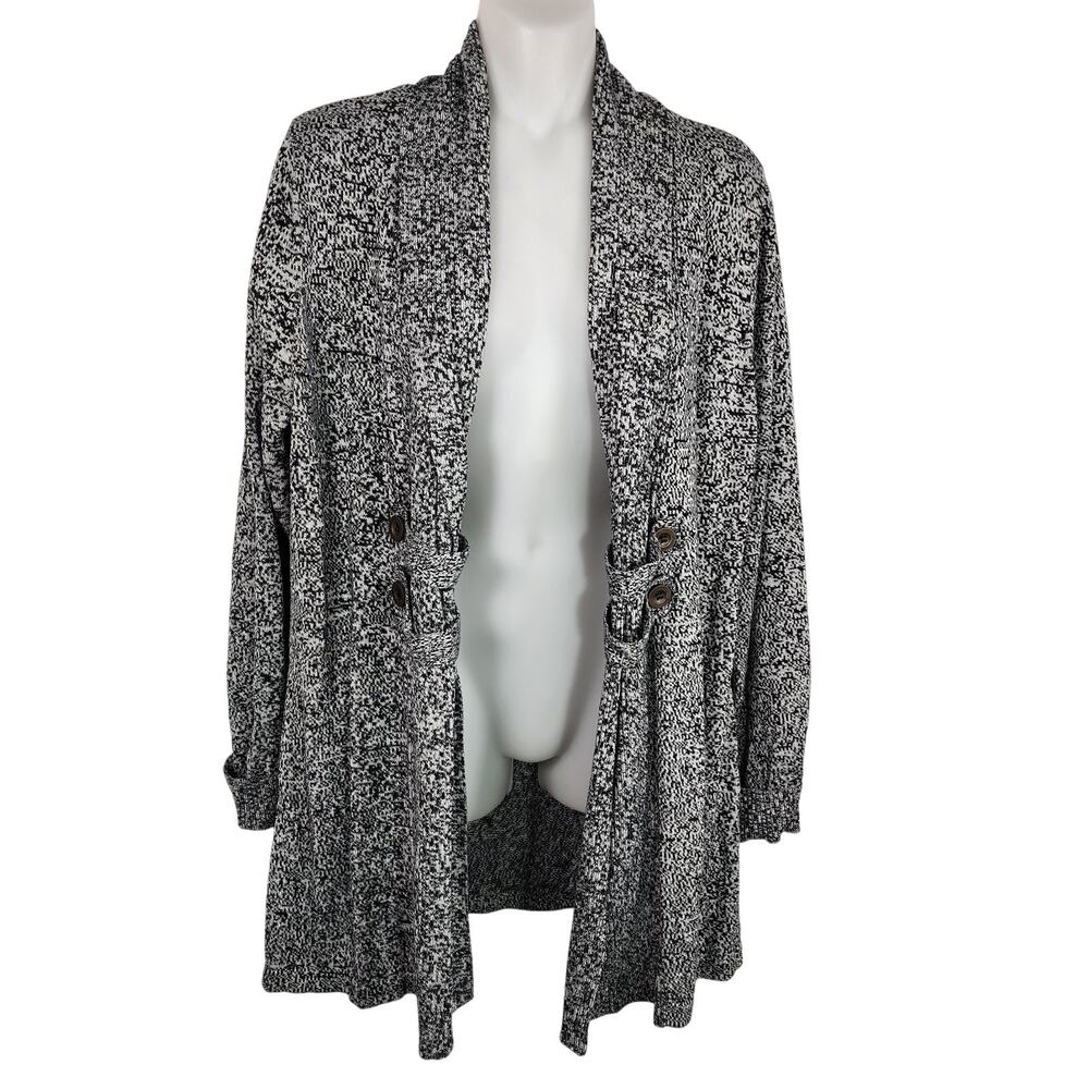 AGB Womens Cardigan Sweater Large Open Front Button Tab Detail Black Gray Office